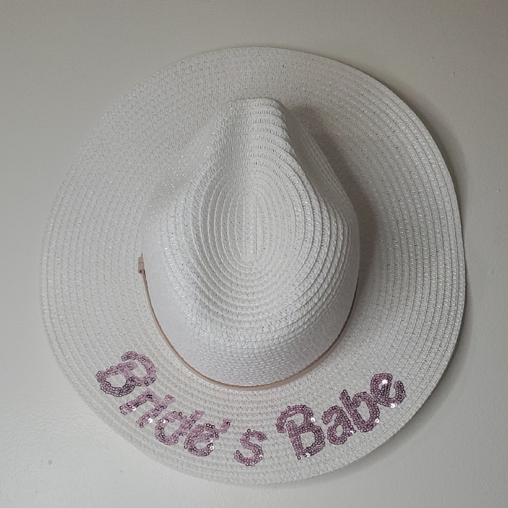 Simply Southern White Straw Wide-Brim 'Bride's Babe' Hat with Pink Glitter NWT